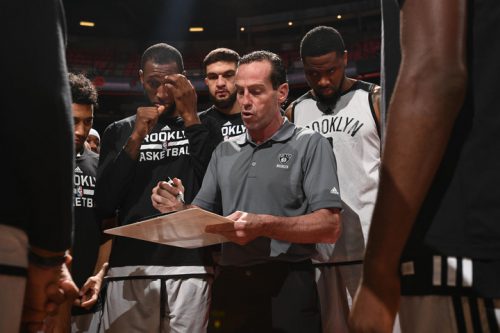 LAS VEGAS, NV - JULY 13: Kenny Atkinson of the Brooklyn Nets draws up plays during the 2017 Las Vegas Summer League game against the Denver Nuggets on July 13, 2017 at the Thomas & Mack Center in Las Vegas, Nevada. NOTE TO USER: User expressly acknowledges and agrees that, by downloading and or using this Photograph, user is consenting to the terms and conditions of the Getty Images License Agreement. Mandatory Copyright Notice: Copyright 2017 NBAE (Photo by Garrett Ellwood/NBAE via Getty Images)