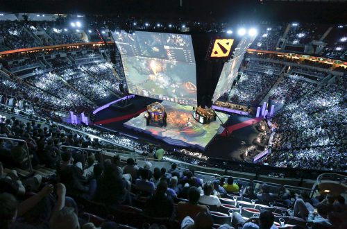 Fans watch a multi-player video game competition during The International Dota 2 Championships at Key Arena in Seattle, Washington